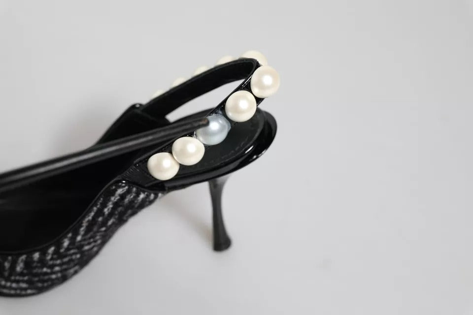 Hvite Svarte Chevron Imiterte Perle Slingback Sko