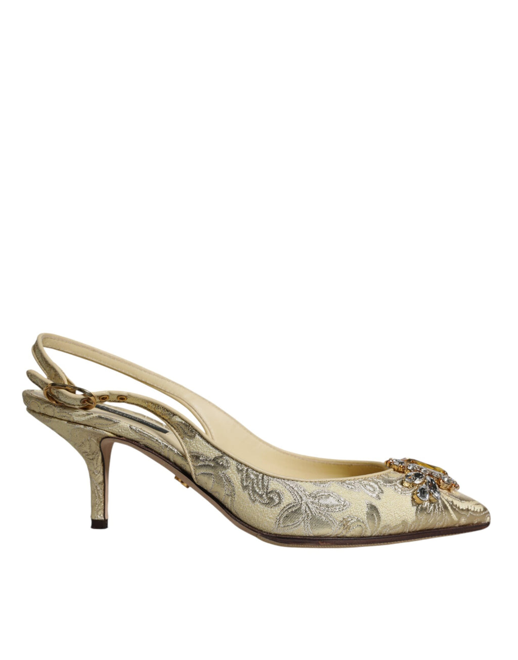 Guldfärgade kristallpumps med klackar och slingbacks