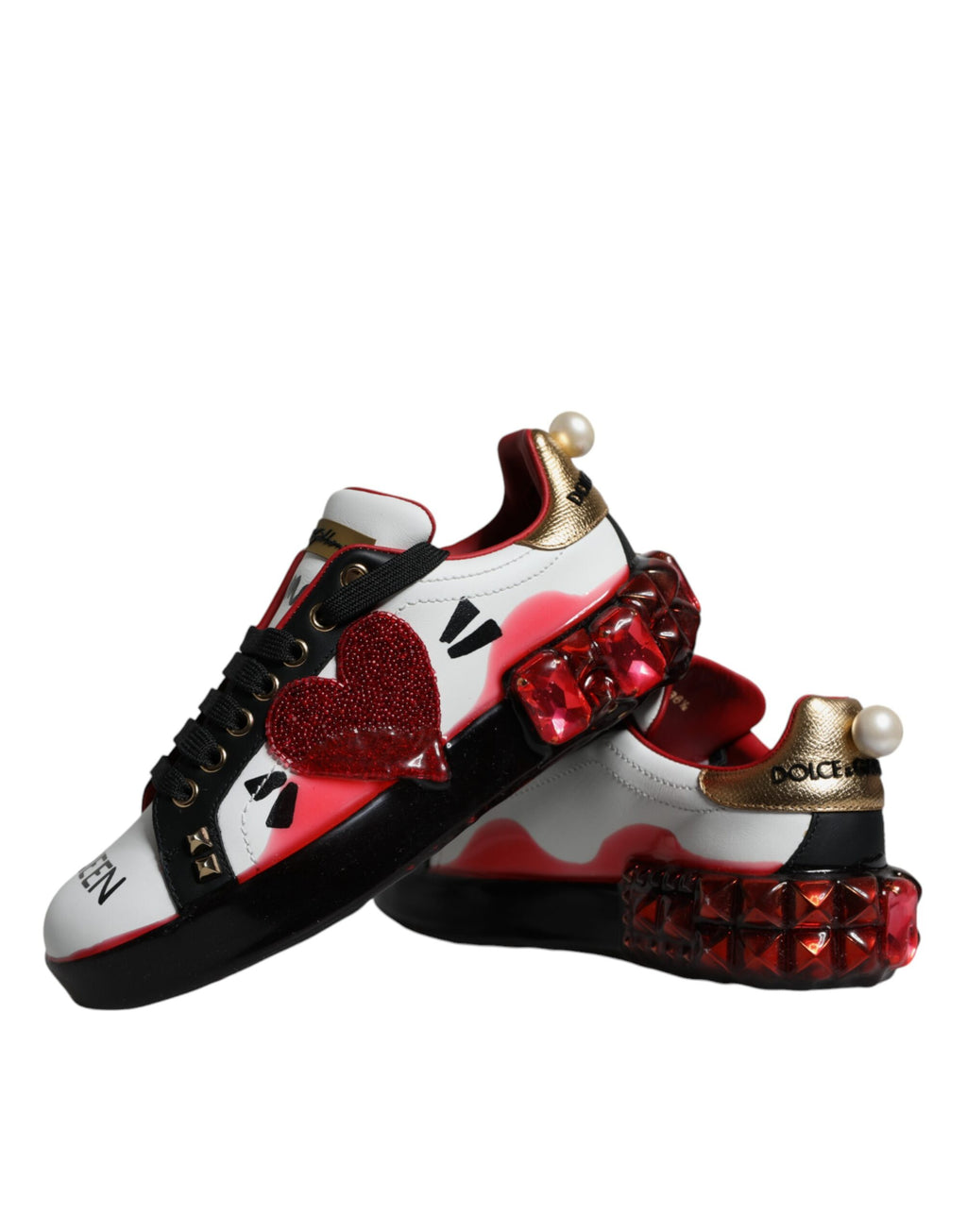 Vita Röda Kristaller Läder Portofino Sneakers Skor
