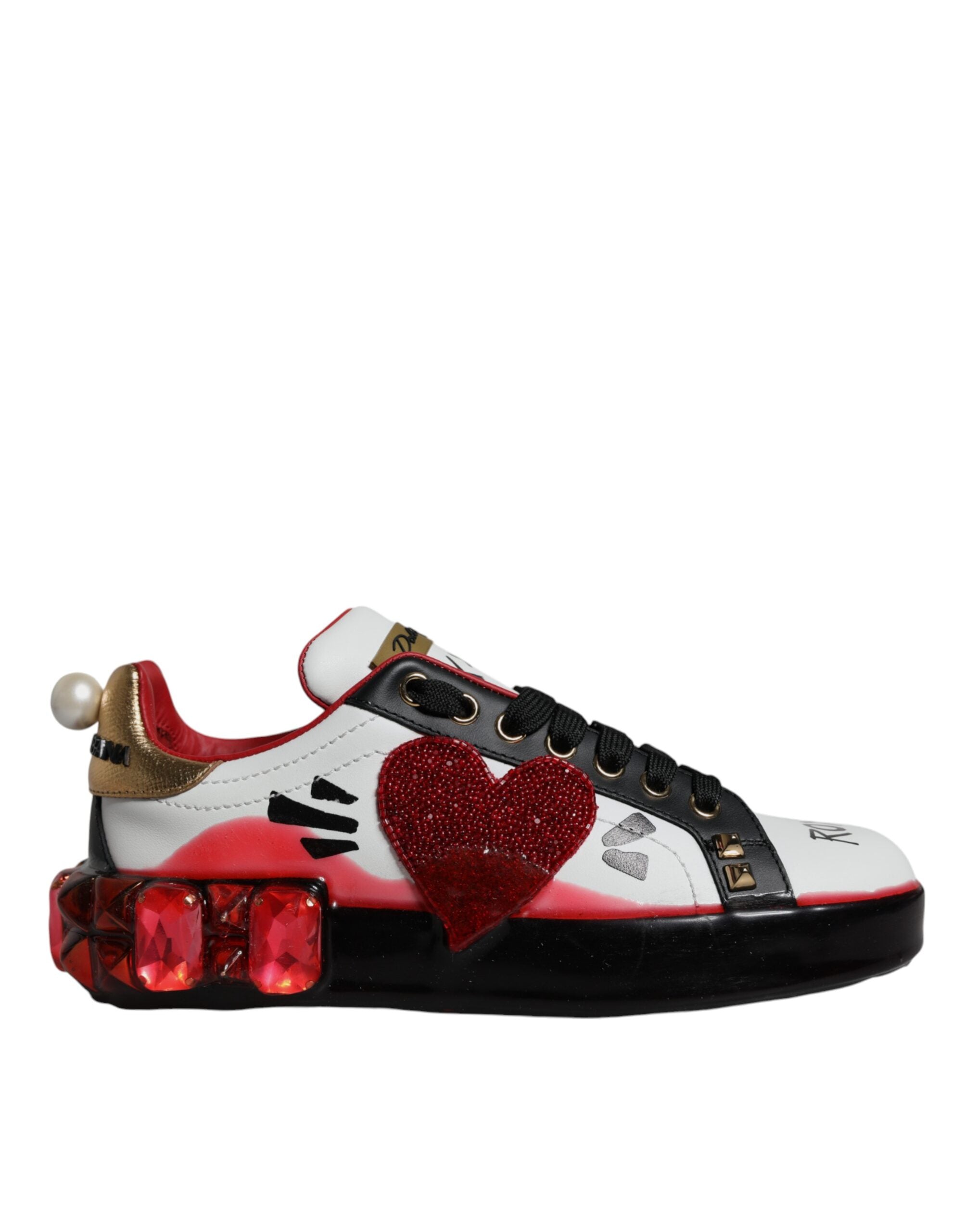 Hvite Røde Krystaller Skinn Portofino Sneakers Sko