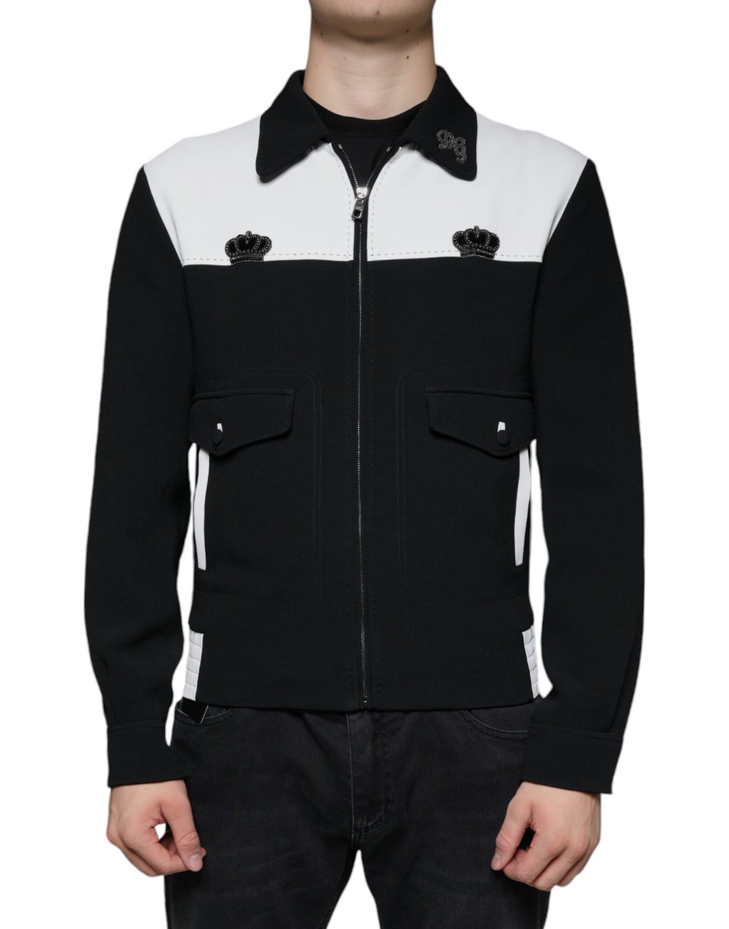 Dolce &amp; Gabbana Svartvit DG Crown Heldragkedja Blousonjacka