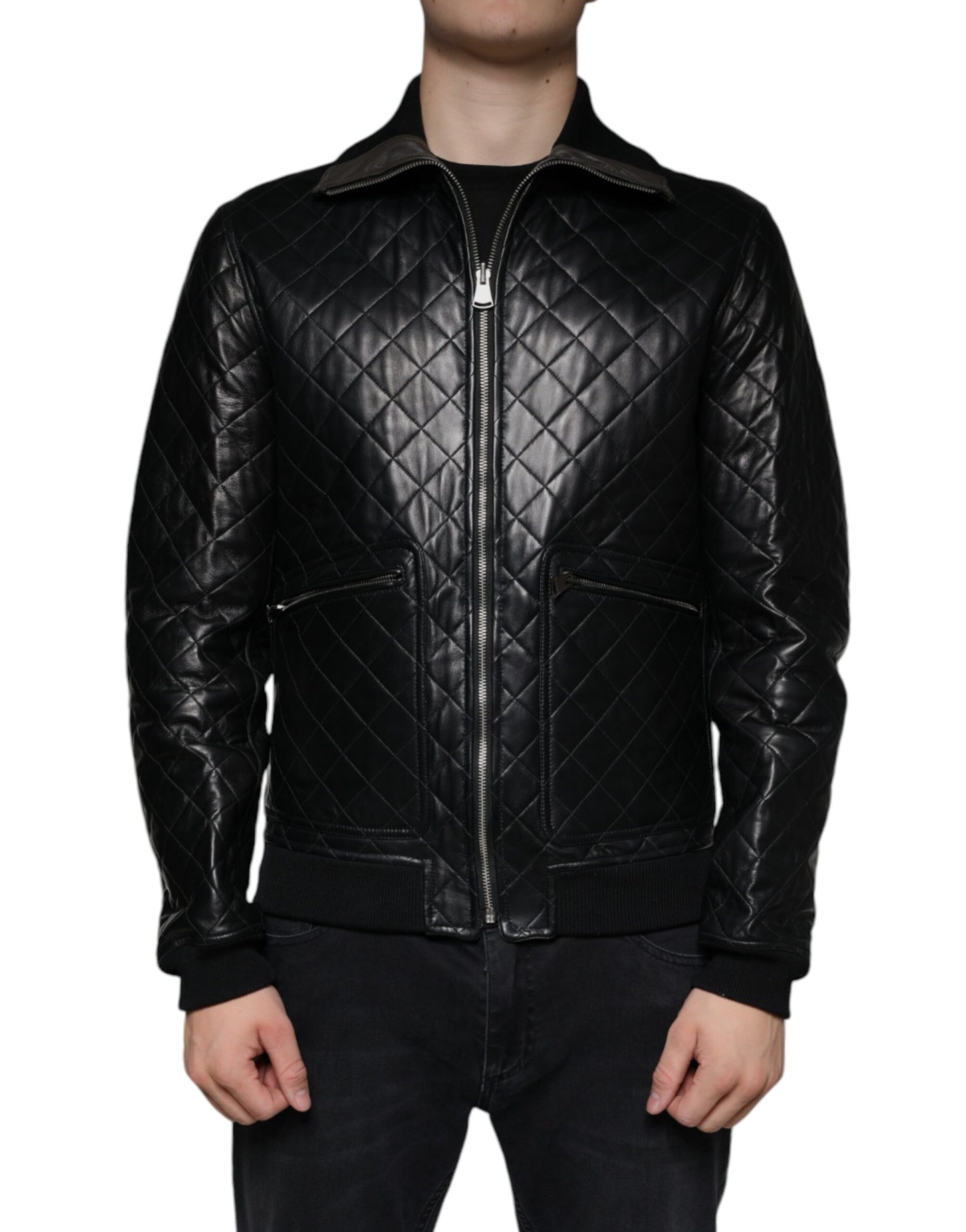 Dolce &amp; Gabbana Svart quiltad kalvskinnsjacka med dragkedja