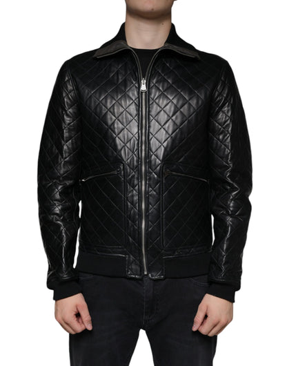 Dolce &amp; Gabbana Svart quiltad kalvskinnsjacka med dragkedja