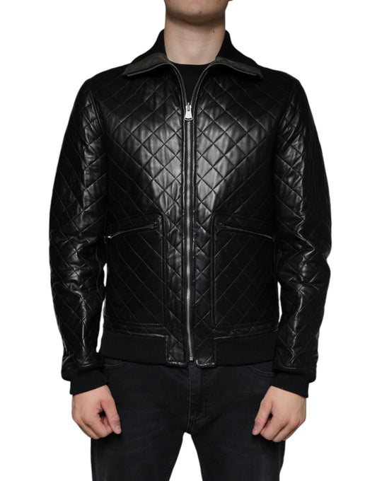 Dolce &amp; Gabbana Svart quiltad kalvskinnsjacka med dragkedja