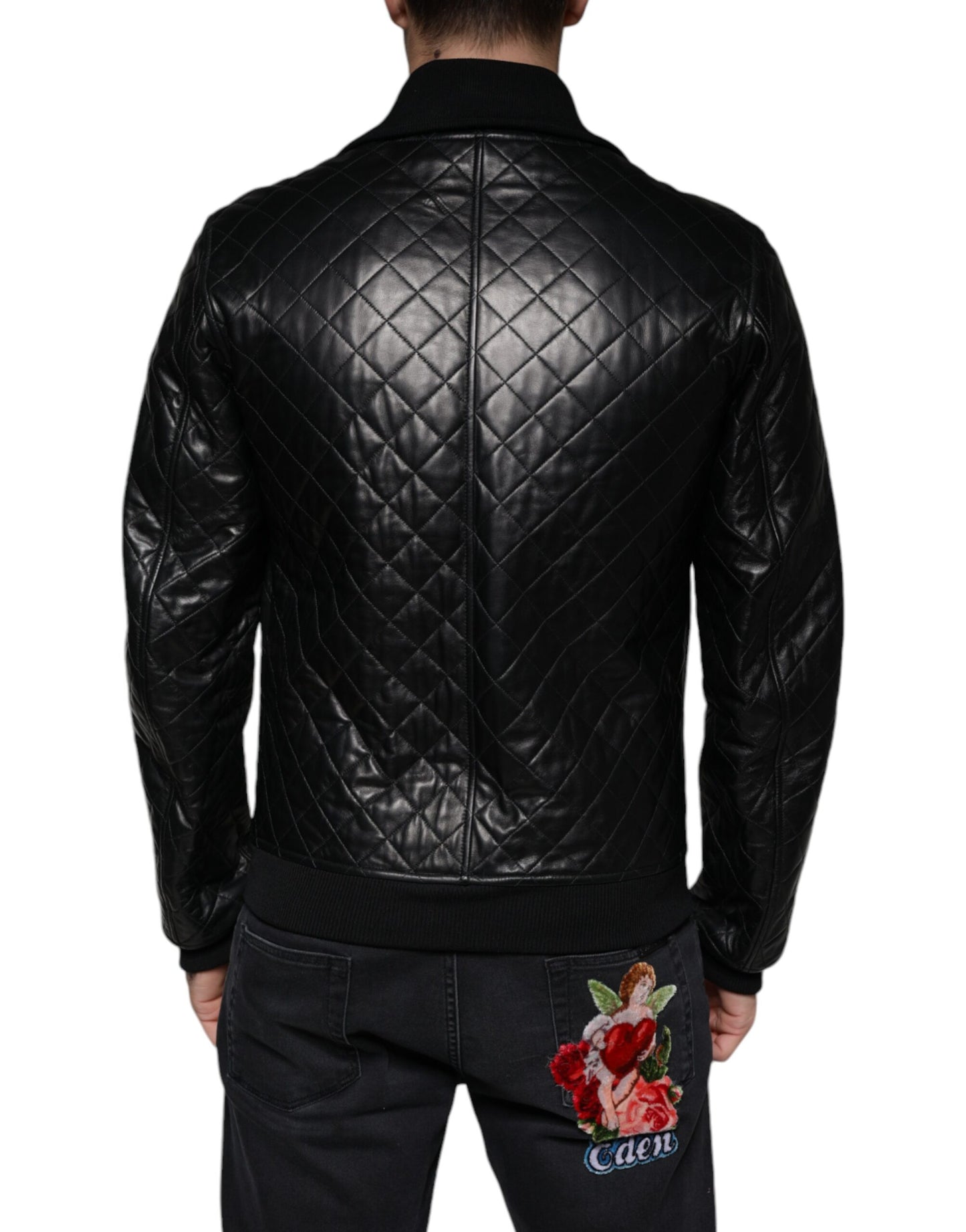 Dolce &amp; Gabbana Svart quiltad kalvskinnsjacka med dragkedja