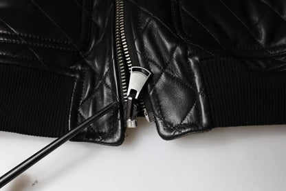 Dolce &amp; Gabbana Svart quiltad kalvskinnsjacka med dragkedja