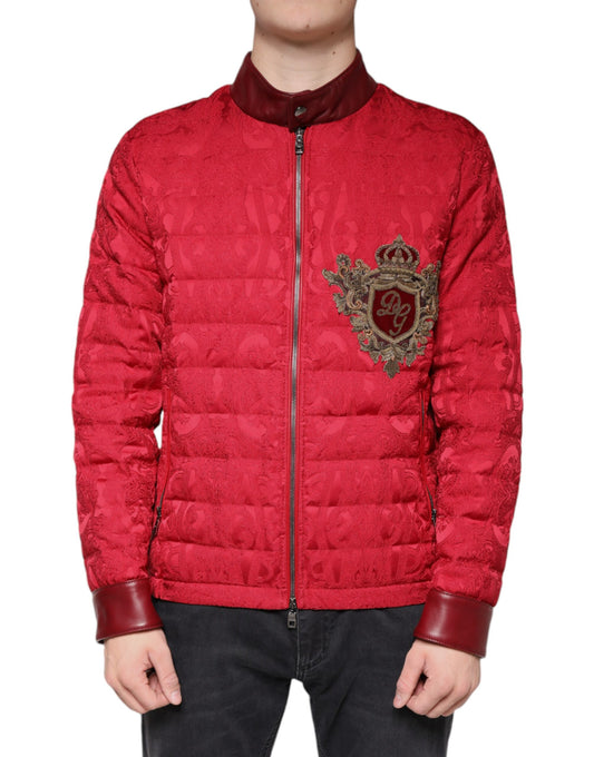 Dolce &amp; Gabbana Röd Quilted Bomberjacka med Guldkrona och Logotyp