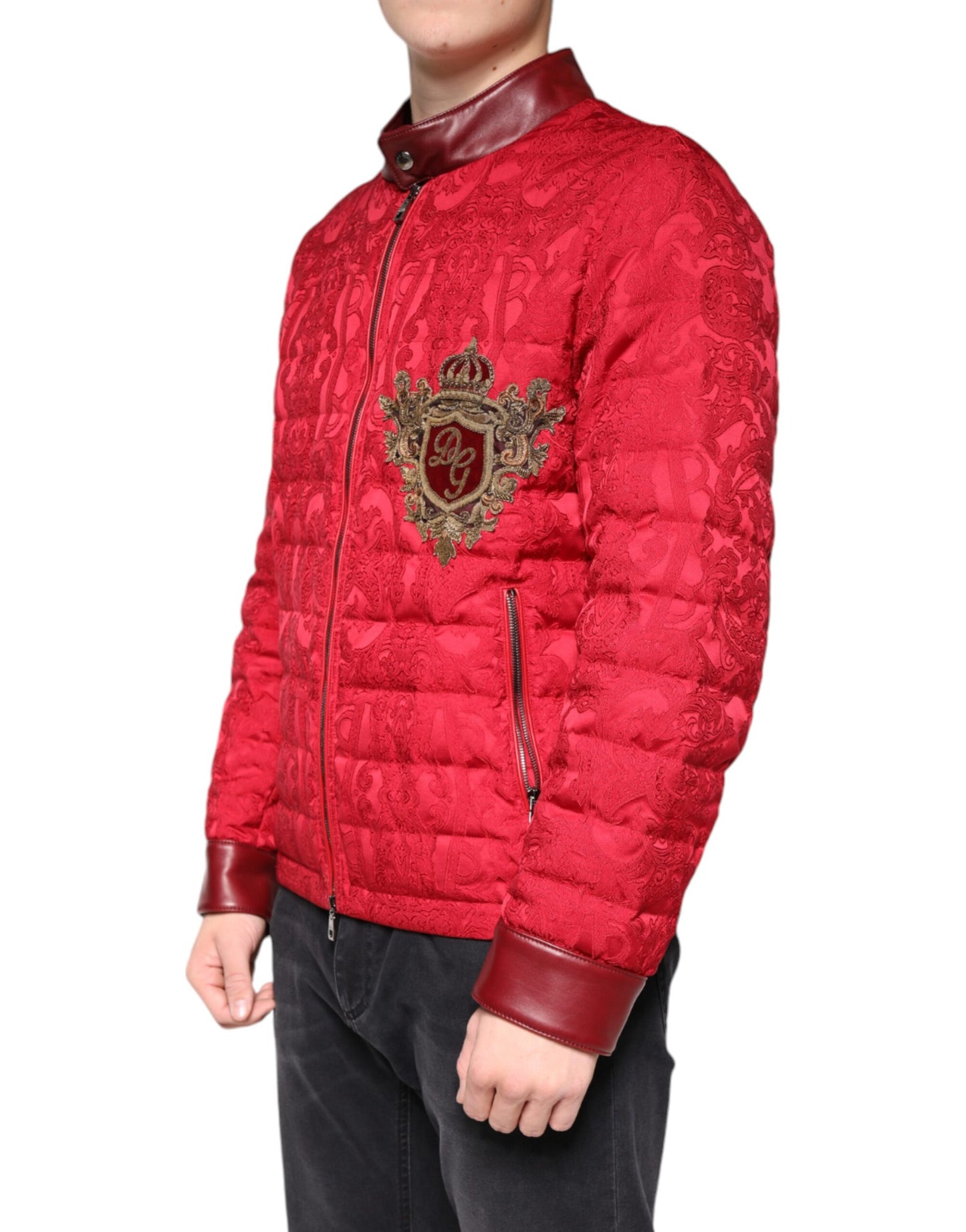 Dolce &amp; Gabbana rød vattert bomberjakke med gullkronelogo