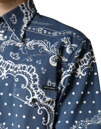 Dolce &amp; Gabbana Blåvit Bandana Mönstrad Bomullsskjorta Casual