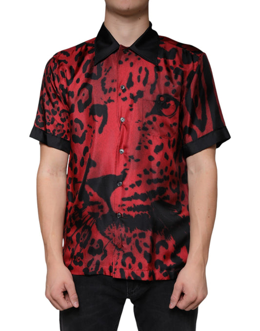 Dolce &amp; Gabbana Röd Leopard Sidenskjorta med Knappar
