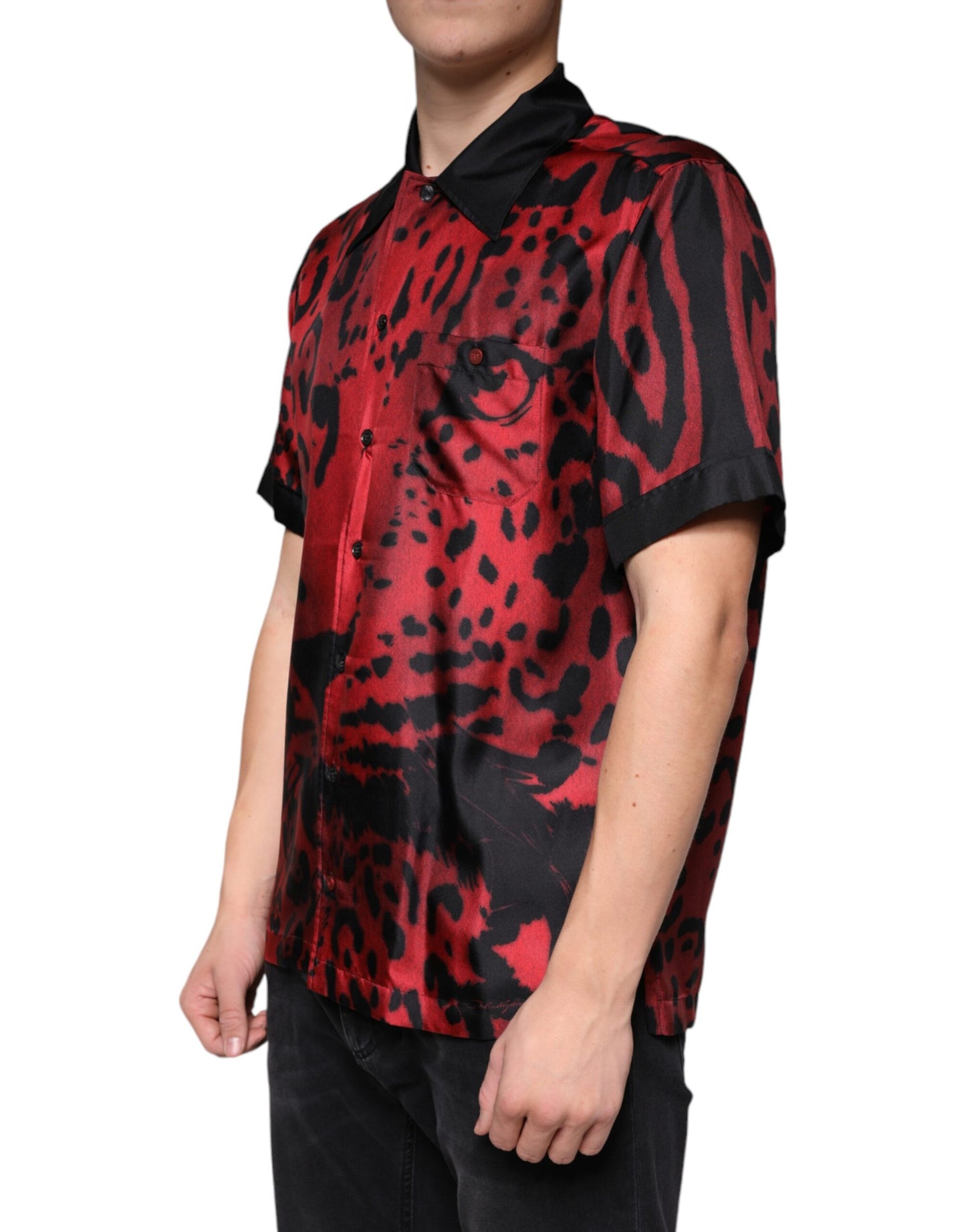 Dolce &amp; Gabbana Röd Leopard Sidenskjorta med Knappar