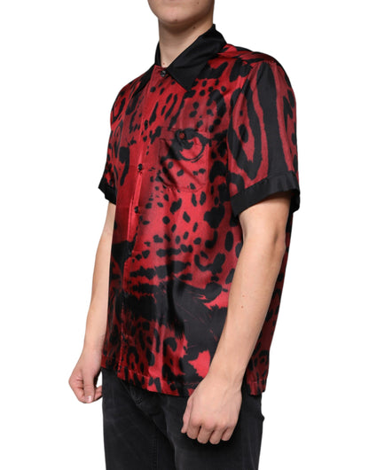 Dolce &amp; Gabbana Röd Leopard Sidenskjorta med Knappar