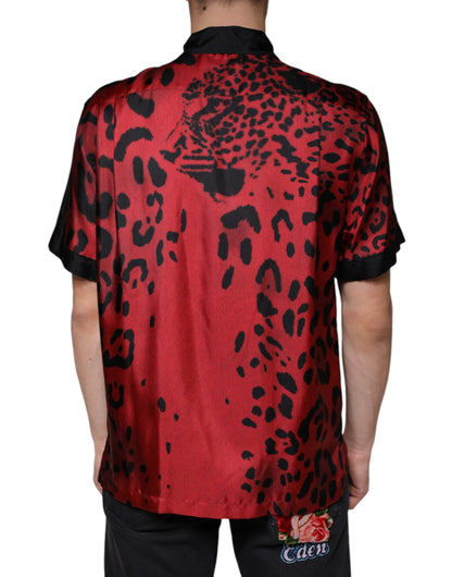 Dolce &amp; Gabbana Röd Leopard Sidenskjorta med Knappar