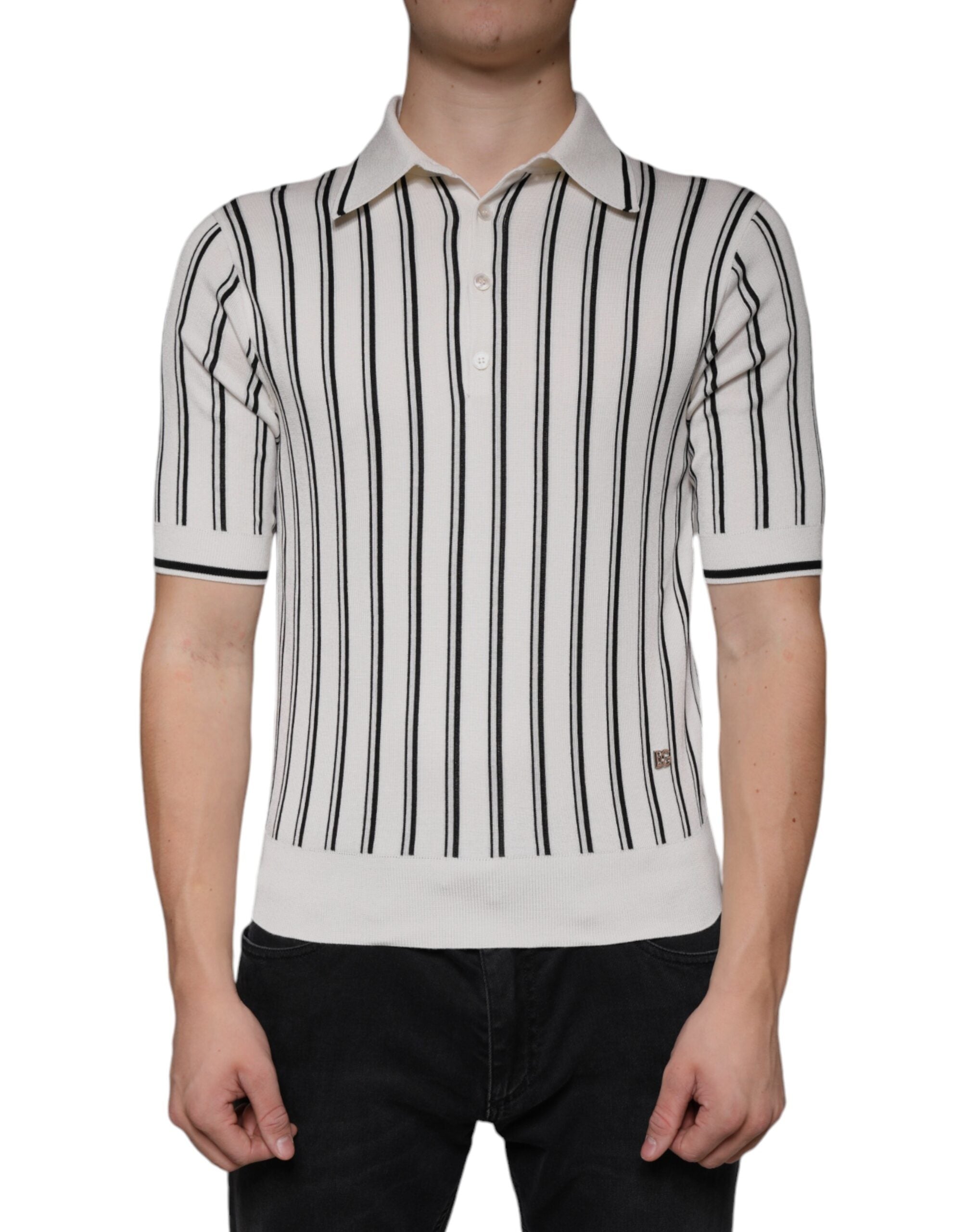Vit Svart Randig Polo Kortärmad T-shirt