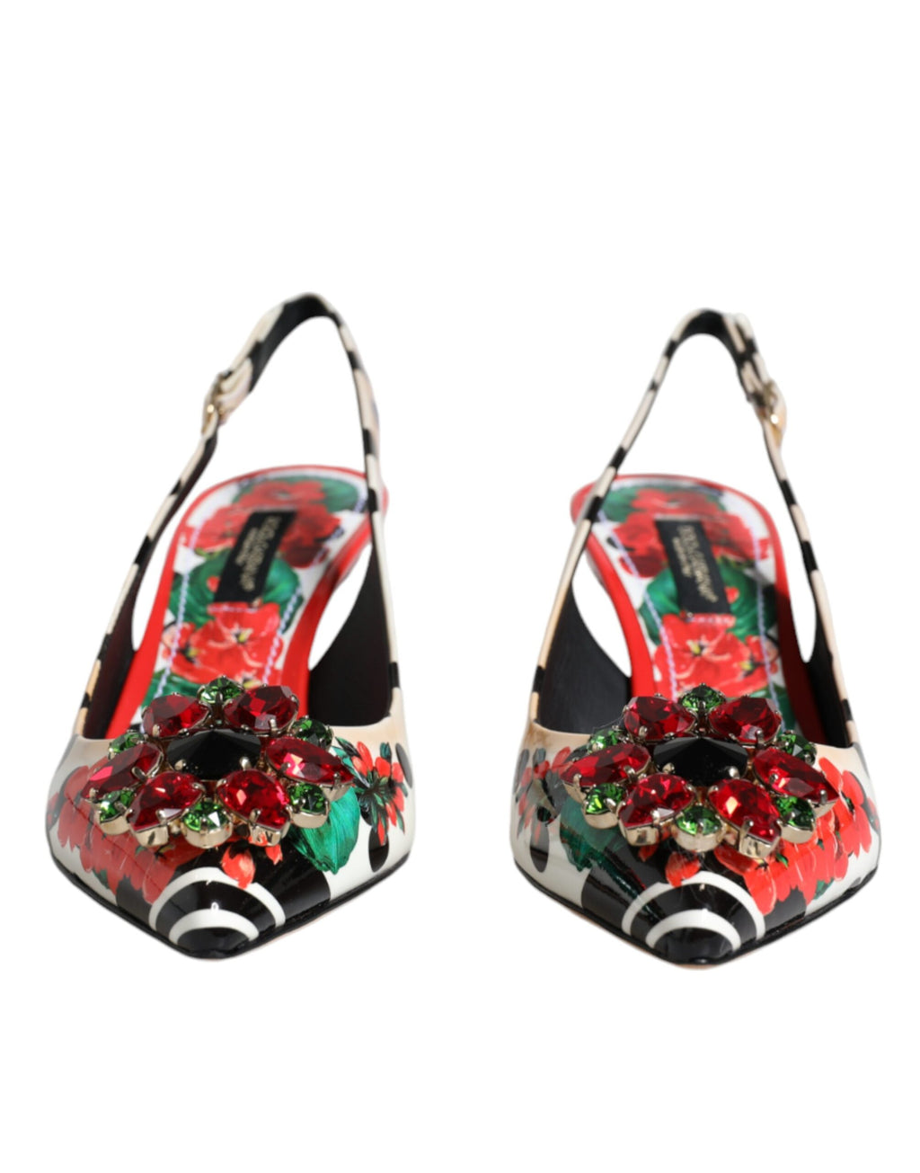 Flerfärgade läderkristallklackade slingback-skor