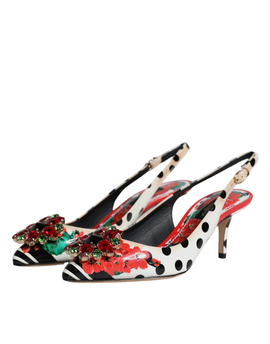 Flerfärgade läderkristallklackade slingback-skor