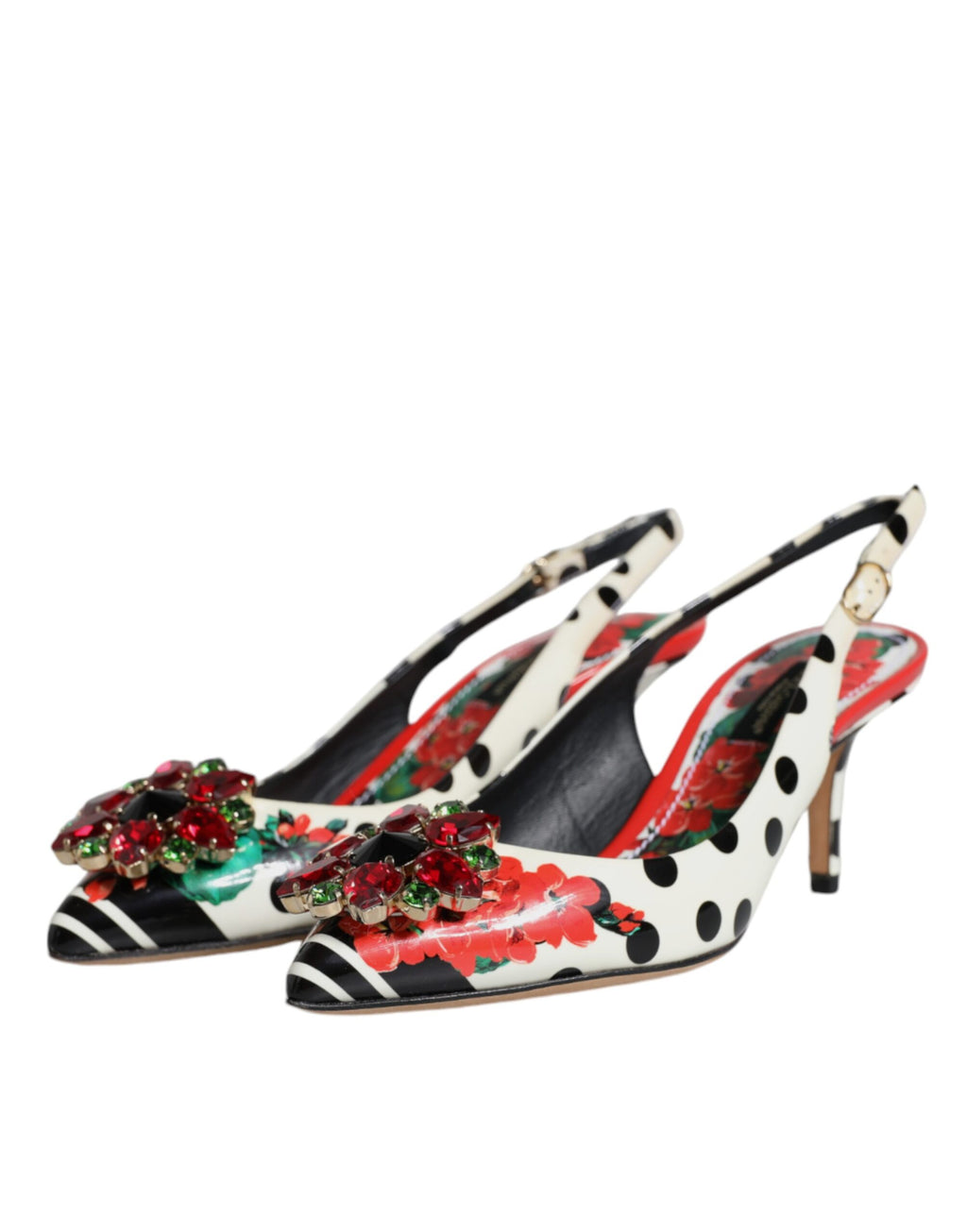 Flerfärgade läderkristallklackade slingback-skor