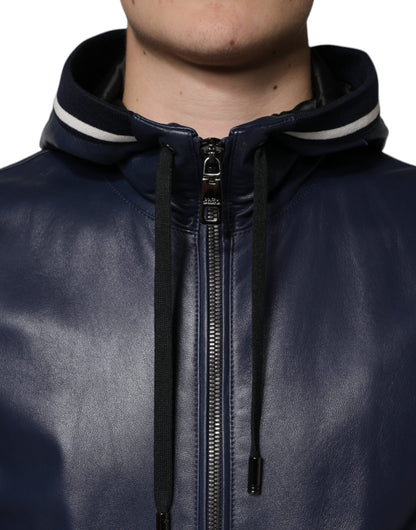 Dolce &amp; Gabbana Blå Läder Bomberjacka Med Hel Dragkedja Och Huva