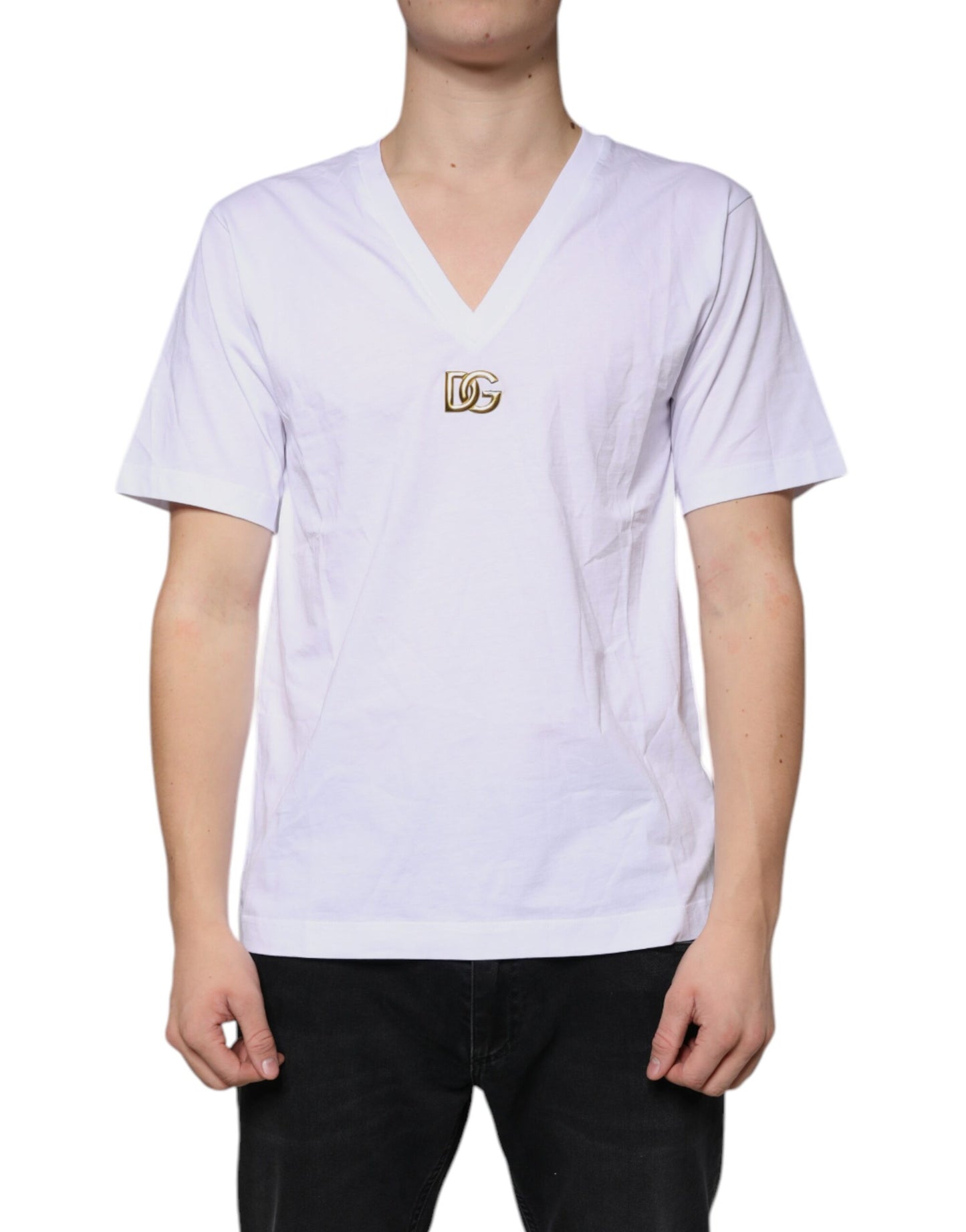 Dolce &amp; Gabbana Vit Logotyp Bomull V-ringad Kortärmad T-shirt