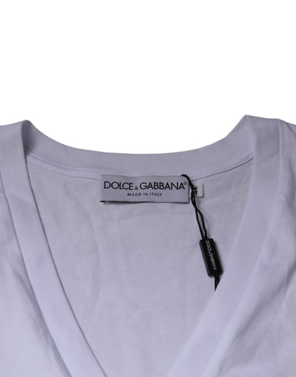 Dolce &amp; Gabbana Vit Logotyp Bomull V-ringad Kortärmad T-shirt