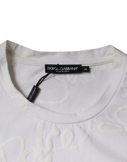 Dolce &amp; Gabbana Vit Logotyptryckt Bomulls-T-shirt med Rund Hals