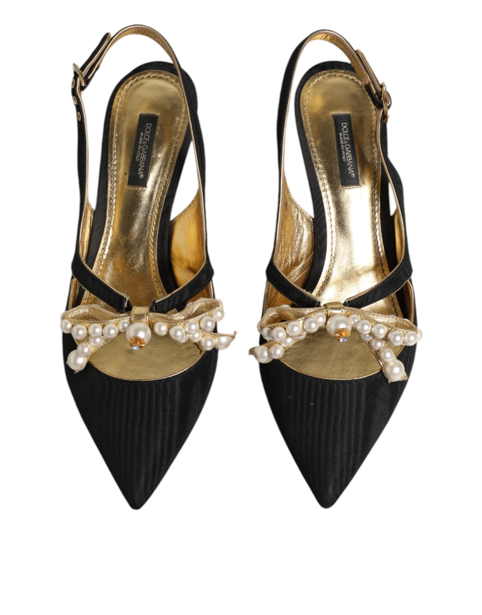 Svarte slingbacks i skinn med imiterte perler
