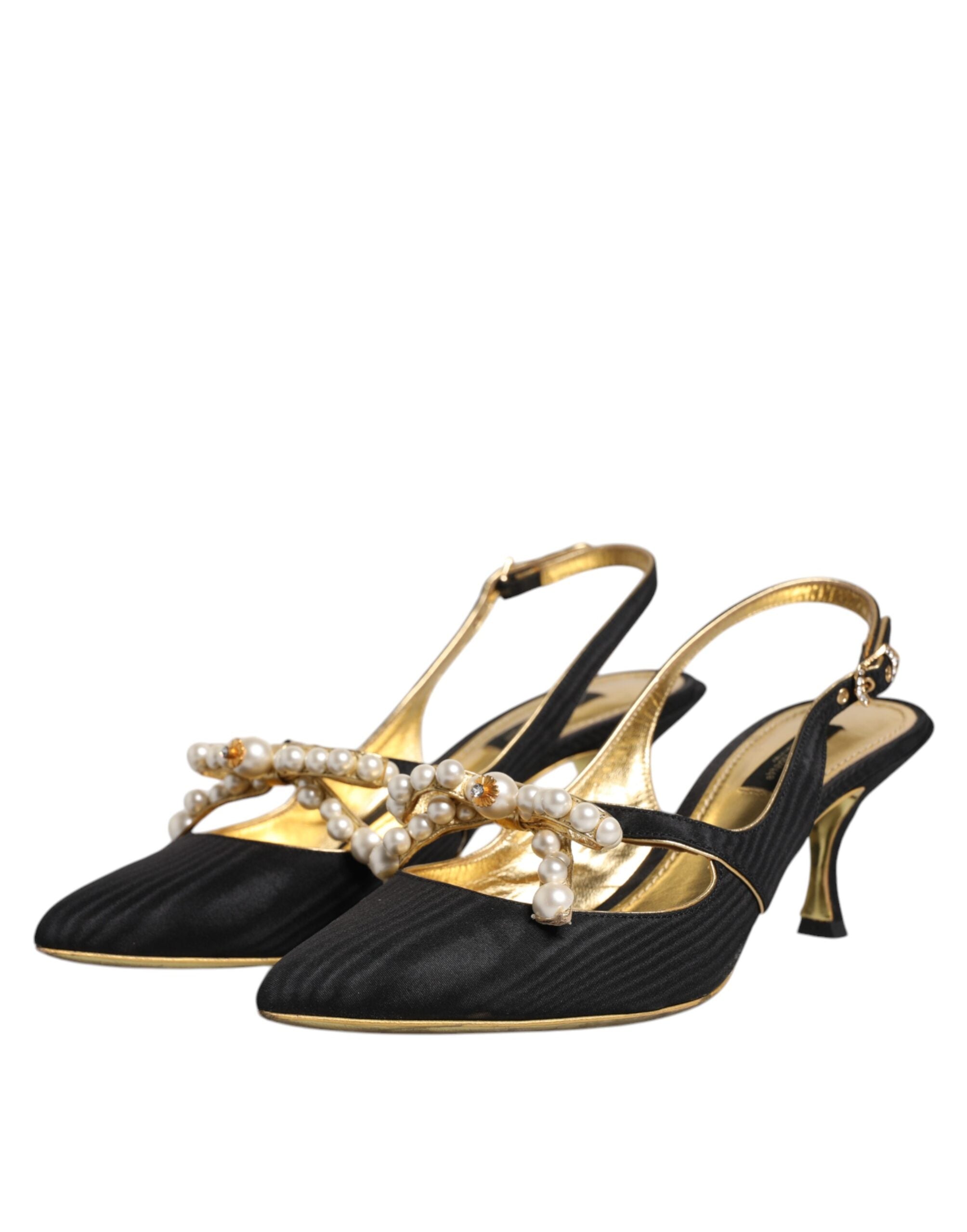 Svarte slingbacks i skinn med imiterte perler