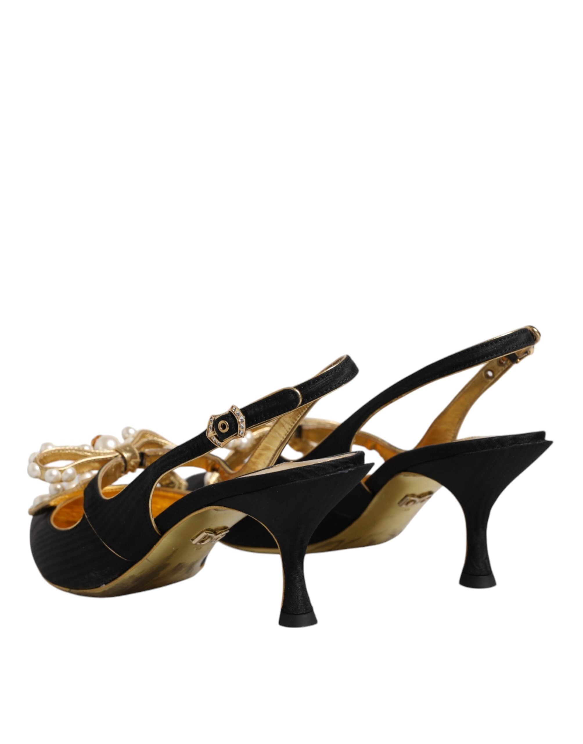 Svarte slingbacks i skinn med imiterte perler