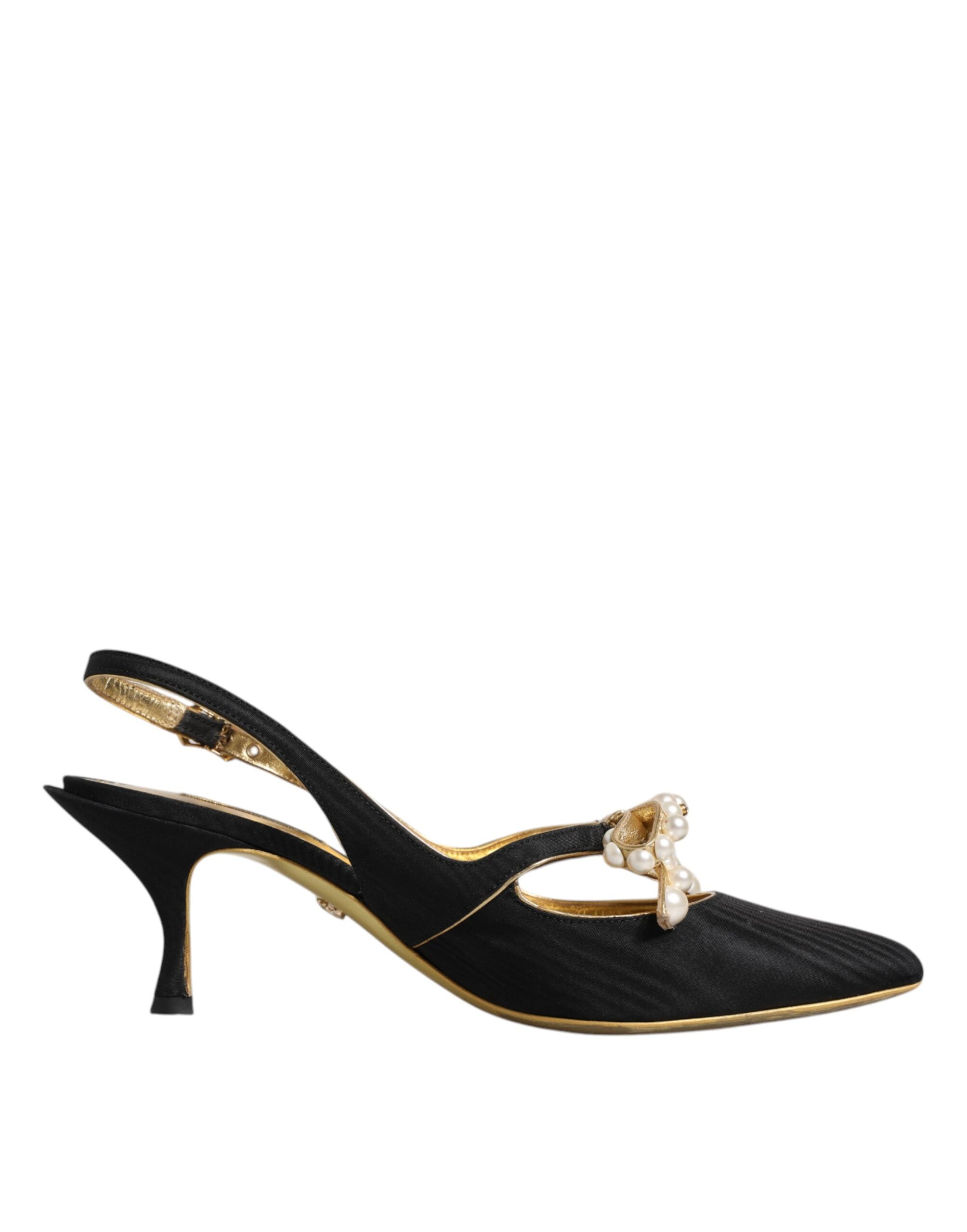 Svarte slingbacks i skinn med imiterte perler