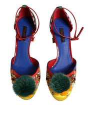 Dolce & Gabbana Multicolor Carretto Crystal Fur Sandals Shoes