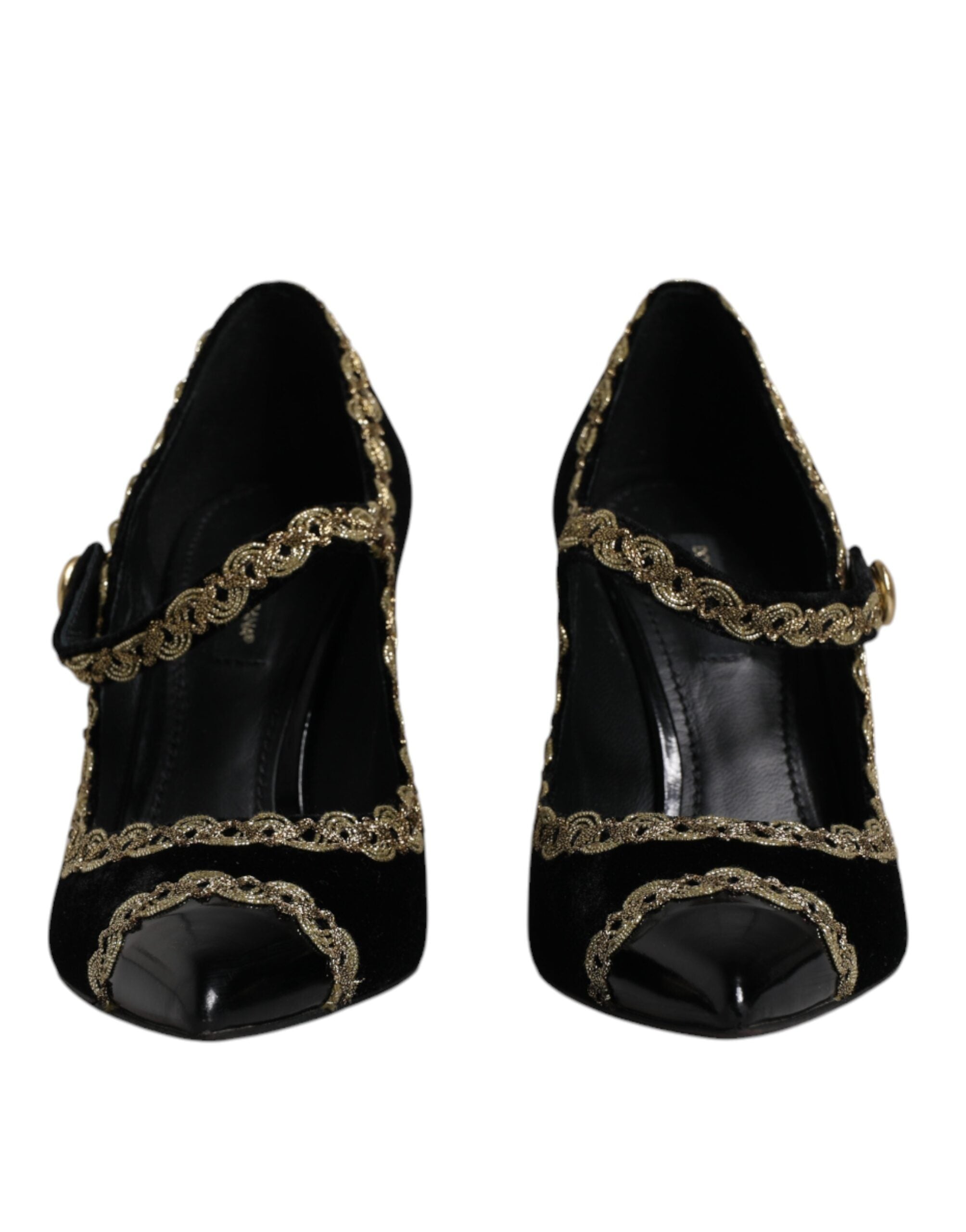 Svarta sammetsguldfärgade Mary Janes pumps