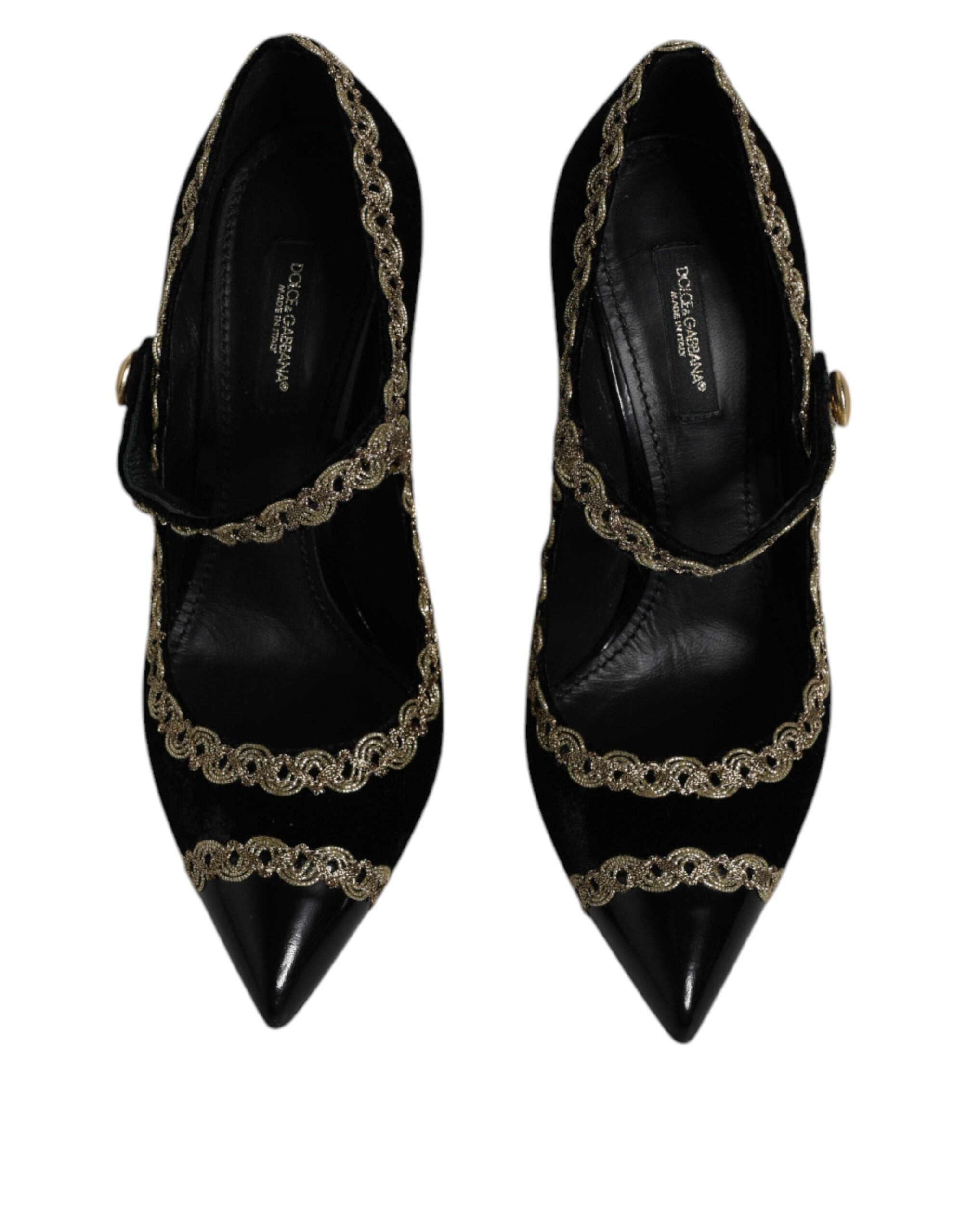 Svarta sammetsguldfärgade Mary Janes pumps