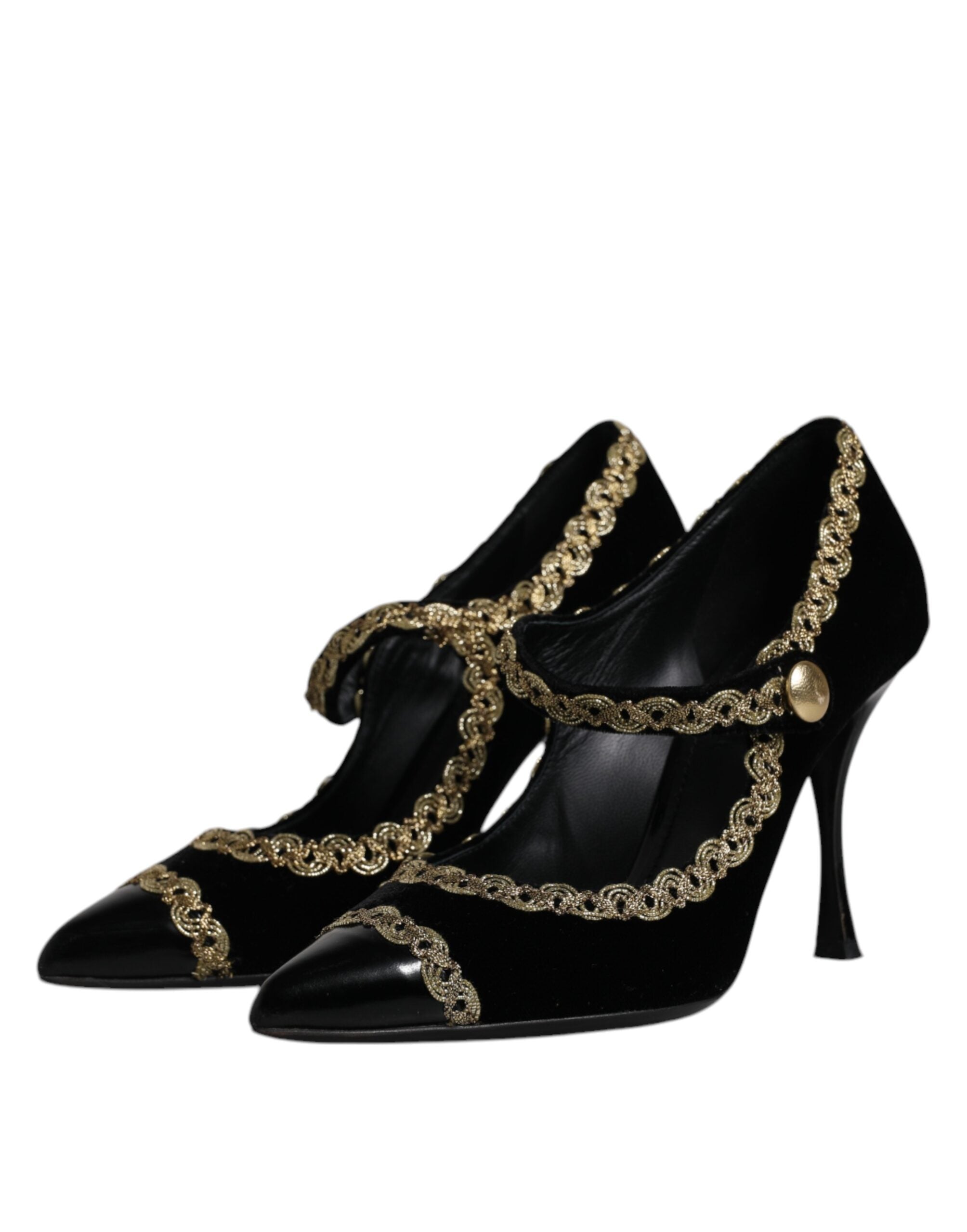 Svarta sammetsguldfärgade Mary Janes pumps