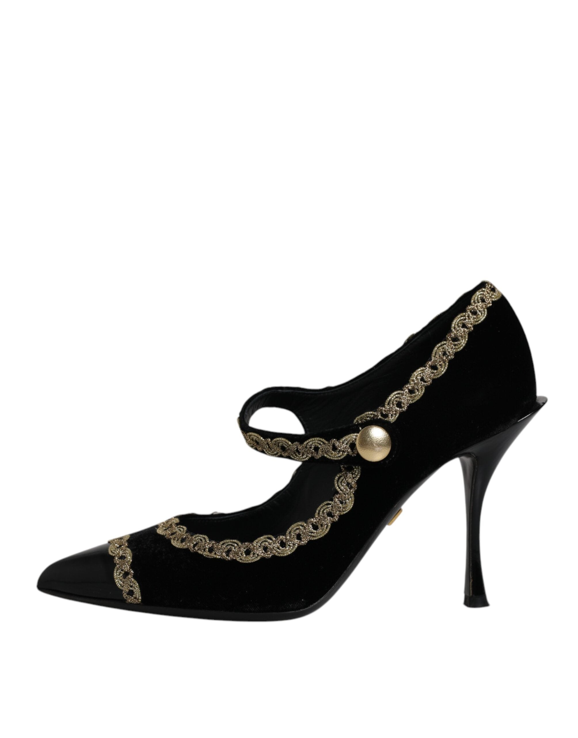 Svarta sammetsguldfärgade Mary Janes pumps