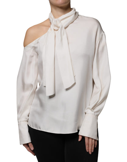 Brunello Cucinelli Beige Silke Ascot Krage Langermet Topp