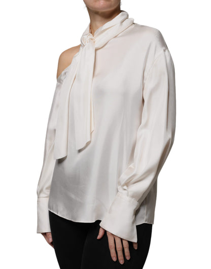 Brunello Cucinelli Beige Silke Ascot Krage Langermet Topp