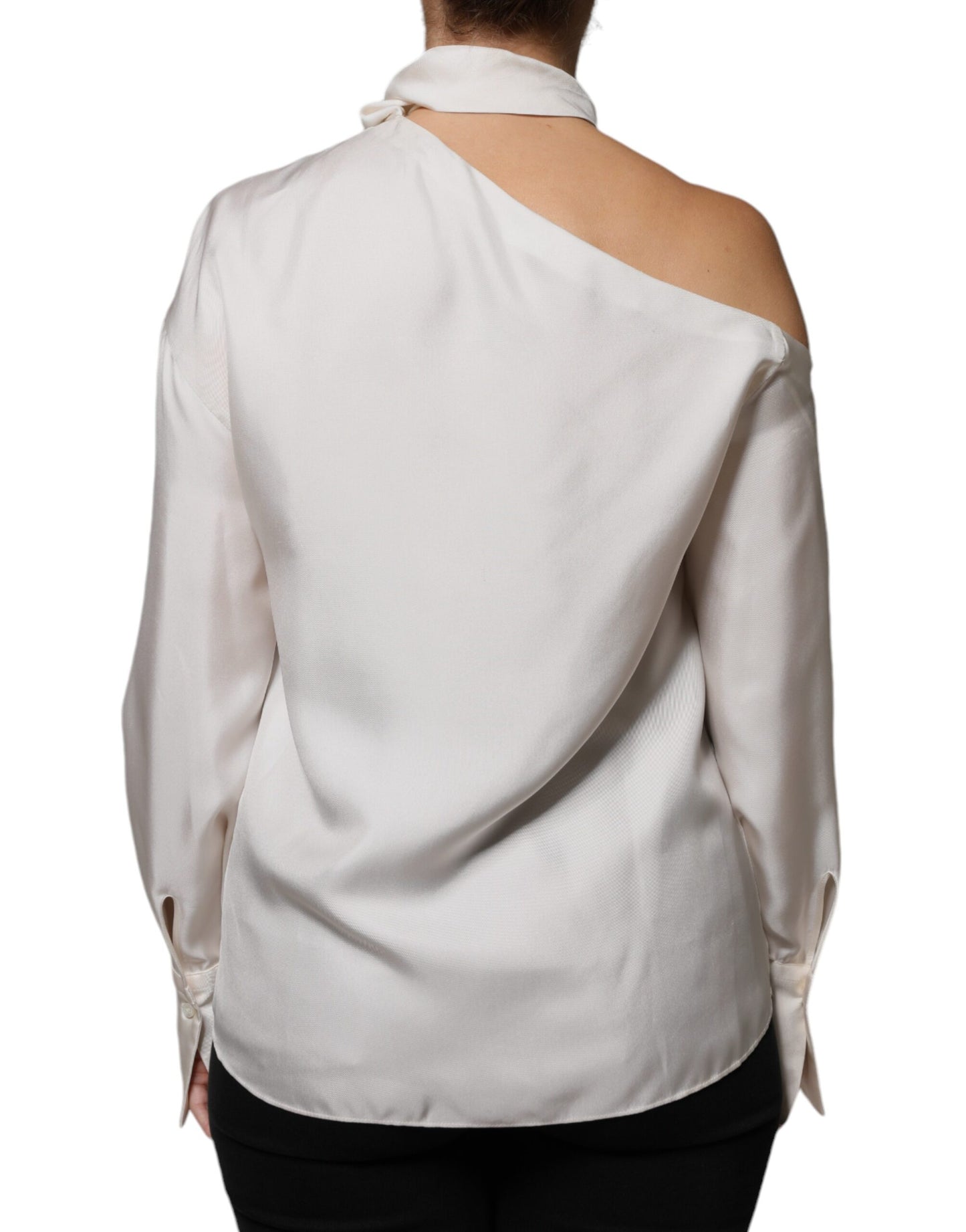 Brunello Cucinelli Beige Silke Ascot Krage Langermet Topp