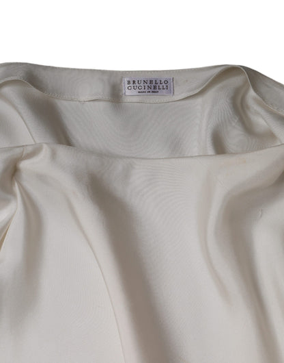 Brunello Cucinelli Beige Silke Ascot Krage Langermet Topp