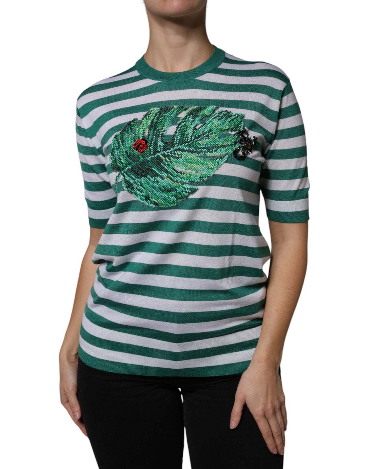 Dolce &amp; Gabbana Vit Grön Randig Löv Rund Hals T-shirt