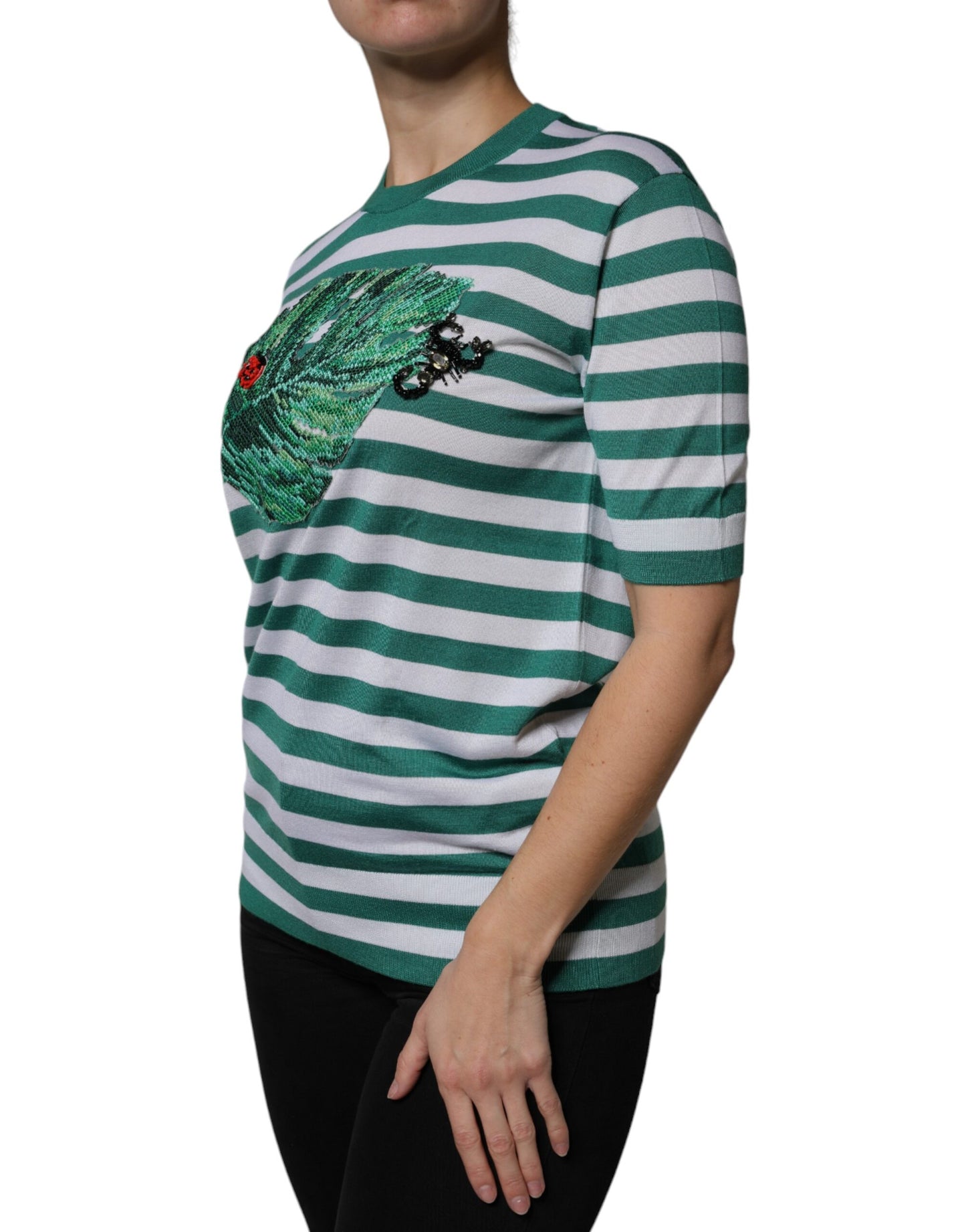 Dolce &amp; Gabbana Vit Grön Randig Löv Rund Hals T-shirt