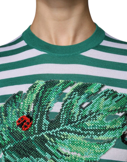Dolce &amp; Gabbana Vit Grön Randig Löv Rund Hals T-shirt