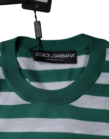 Dolce &amp; Gabbana Vit Grön Randig Löv Rund Hals T-shirt