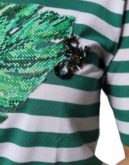 Dolce &amp; Gabbana Vit Grön Randig Löv Rund Hals T-shirt