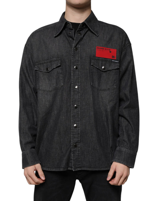 Dolce &amp; Gabbana svart denimskjorta med logotyp och knappar i bomull