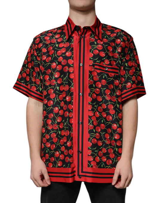 Dolce &amp; Gabbana Svart Körsbärssidenskjorta med Knappar