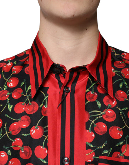 Dolce &amp; Gabbana Svart Körsbärssidenskjorta med Knappar