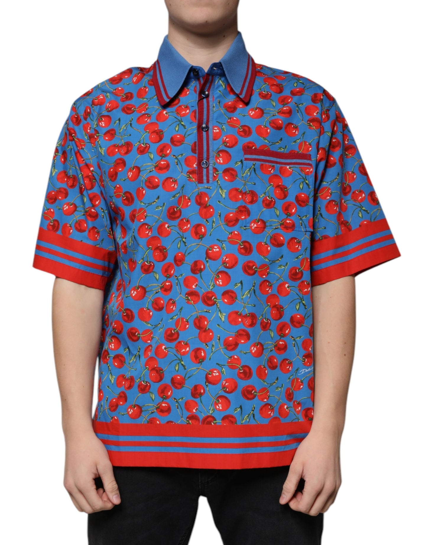 Dolce &amp; Gabbana Blå Körsbärsbomullskrage Herrpolo T-shirt