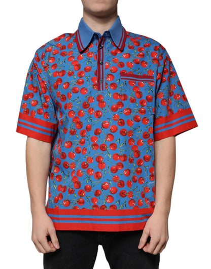 Dolce &amp; Gabbana Blå Körsbärsbomullskrage Herrpolo T-shirt