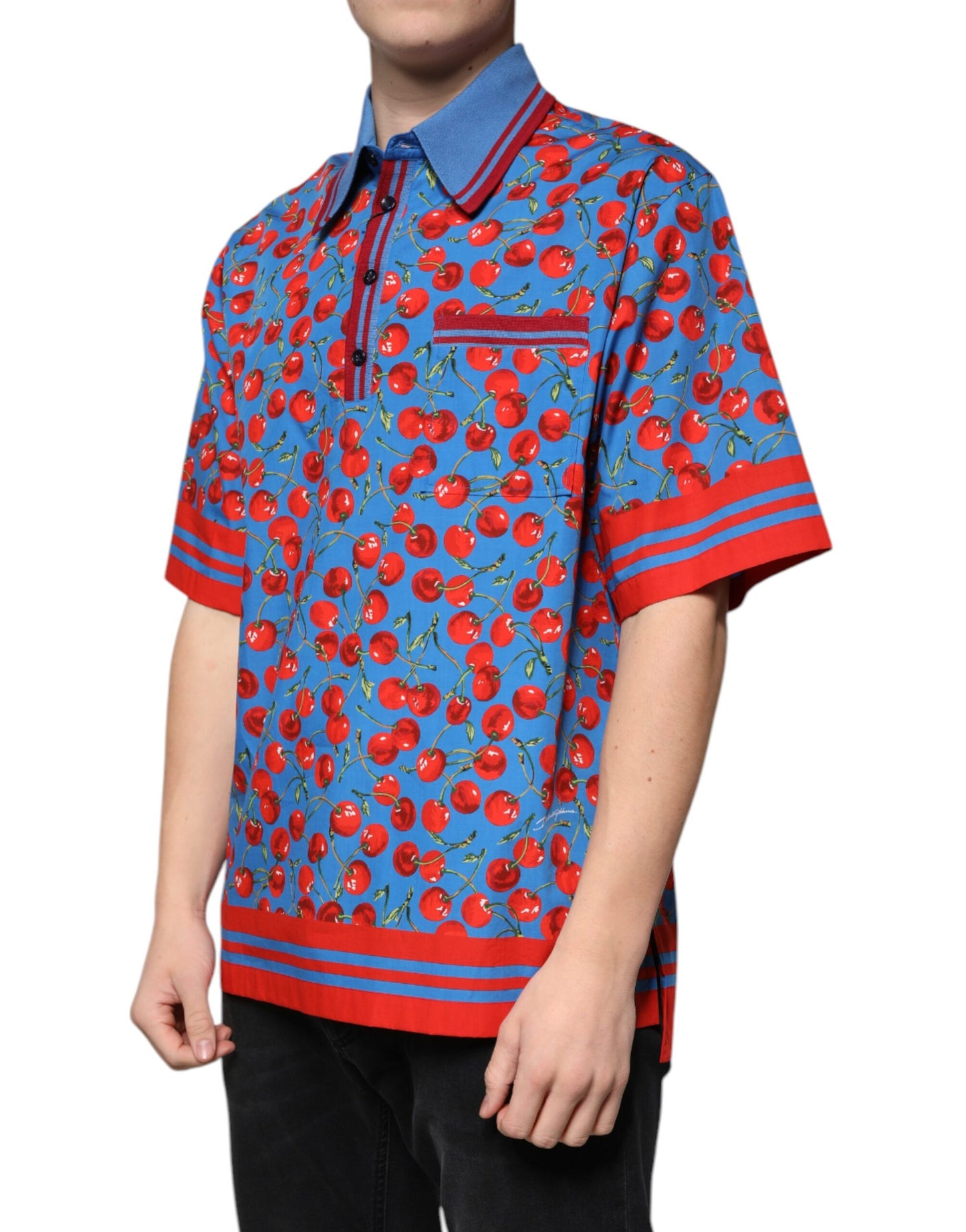 Dolce &amp; Gabbana Blå Körsbärsbomullskrage Herrpolo T-shirt