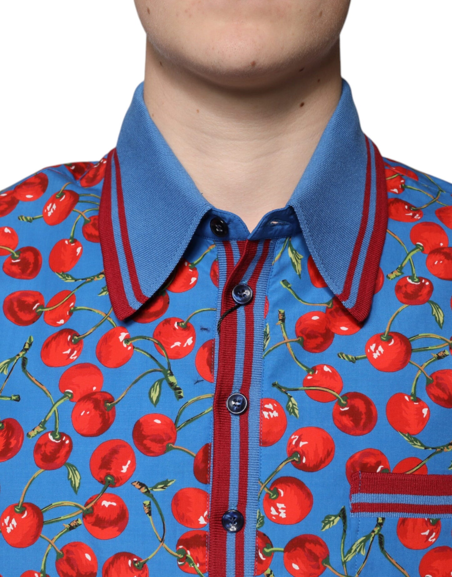 Dolce &amp; Gabbana Blå Körsbärsbomullskrage Herrpolo T-shirt